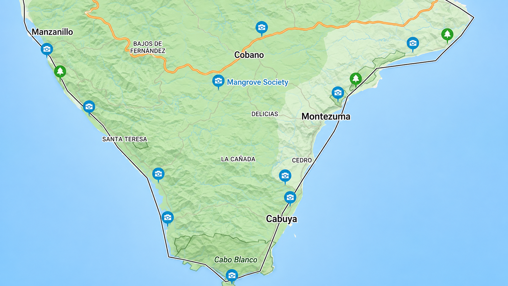 Map of Montezuma, Cobano, Santa Teresa, Playa Hermosa, Manzanillo, Cabuya and Cabo Blanco